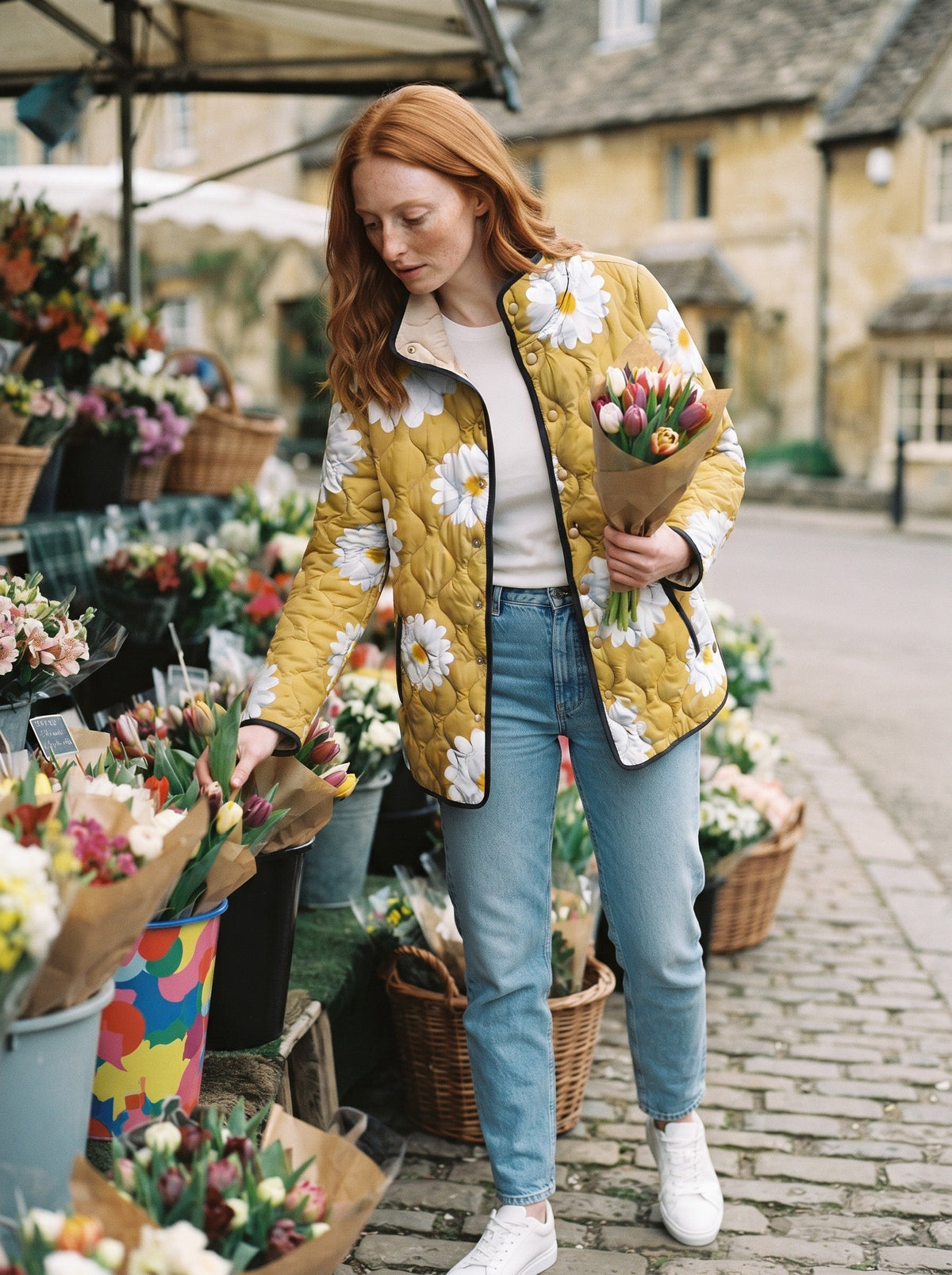 Women's Floral Quilted Jacket – Yellow Daisy – lifestyle
