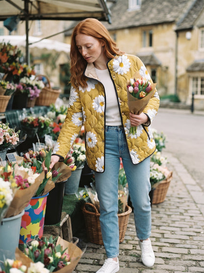 Women's Floral Quilted Jacket – Yellow Daisy – lifestyle