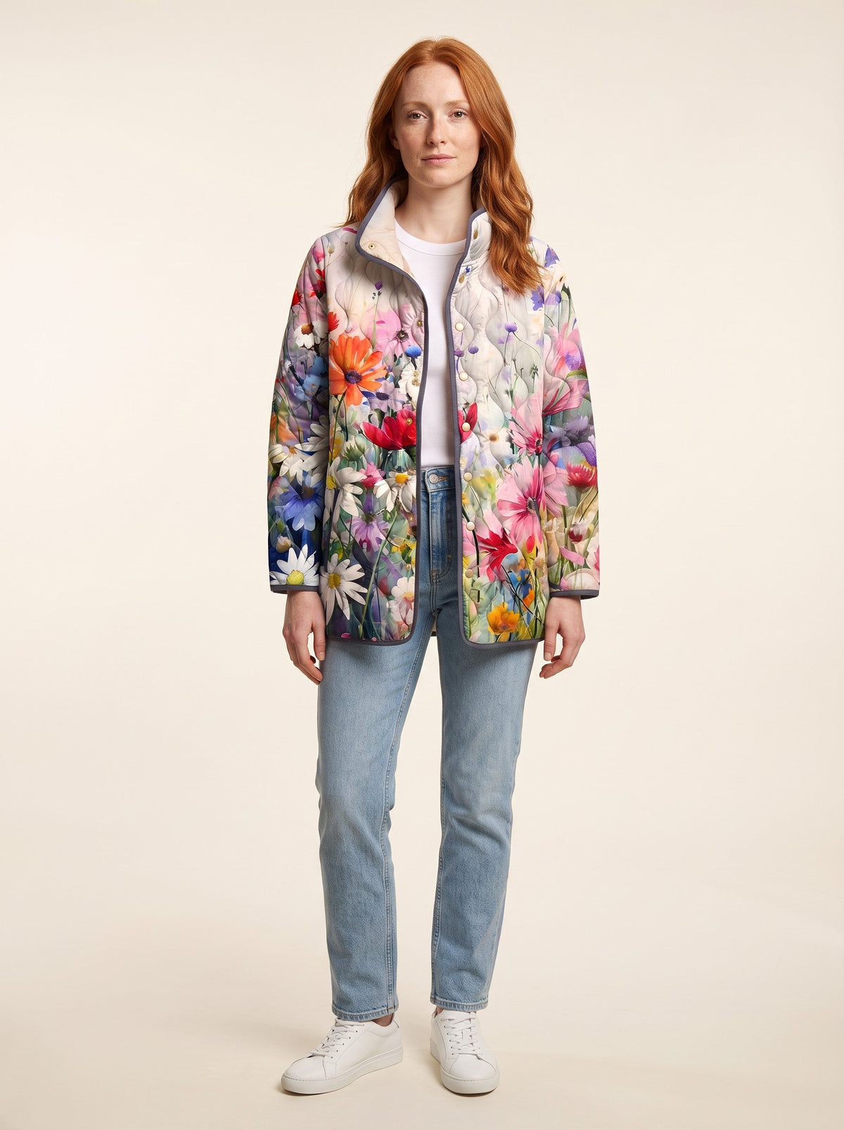 Women's Floral Quilted Jacket – Garden Floral – on model