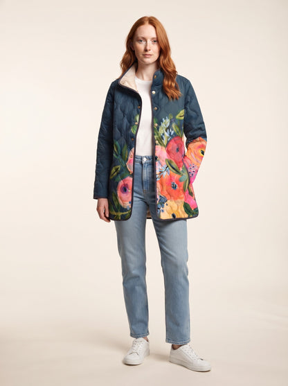 Women's Floral Quilted Jacket – Navy Floral – on model