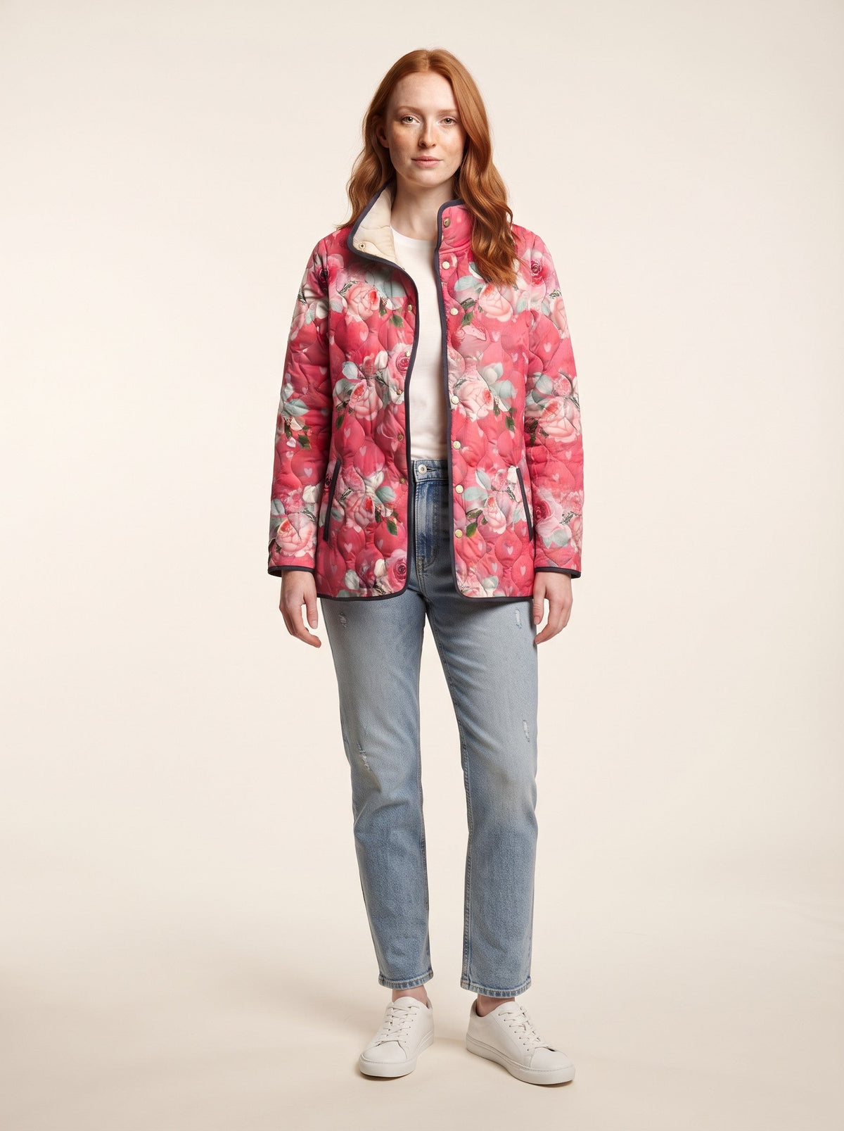 Women's Floral Quilted Jacket – Pink Floral – on model