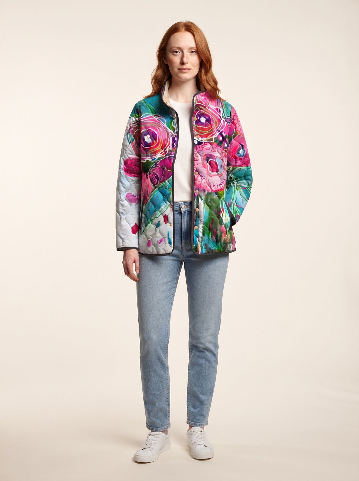 Women's Floral Quilted Jacket – Rose Floral – on model