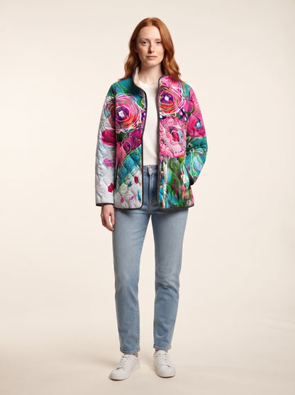 Women's Floral Quilted Jacket – Rose Floral – on model