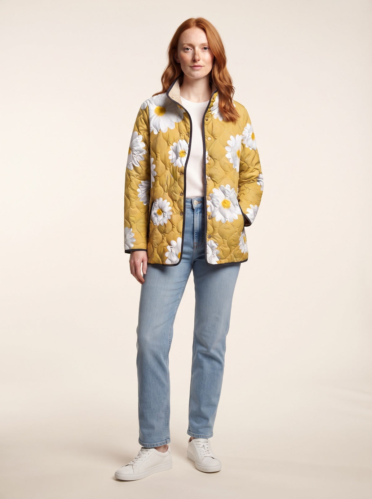 Women's Floral Quilted Jacket – Yellow Daisy – on model