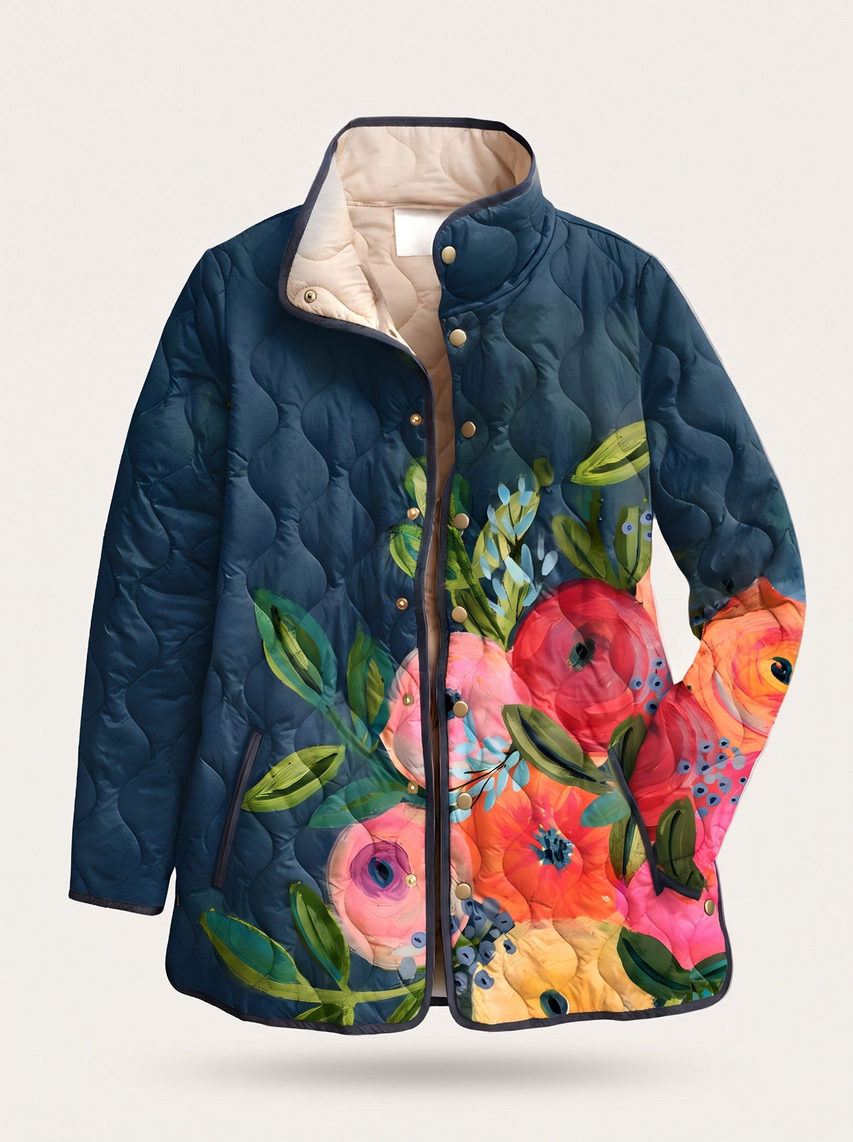 Women's Floral Quilted Jacket – Navy Floral – packshot