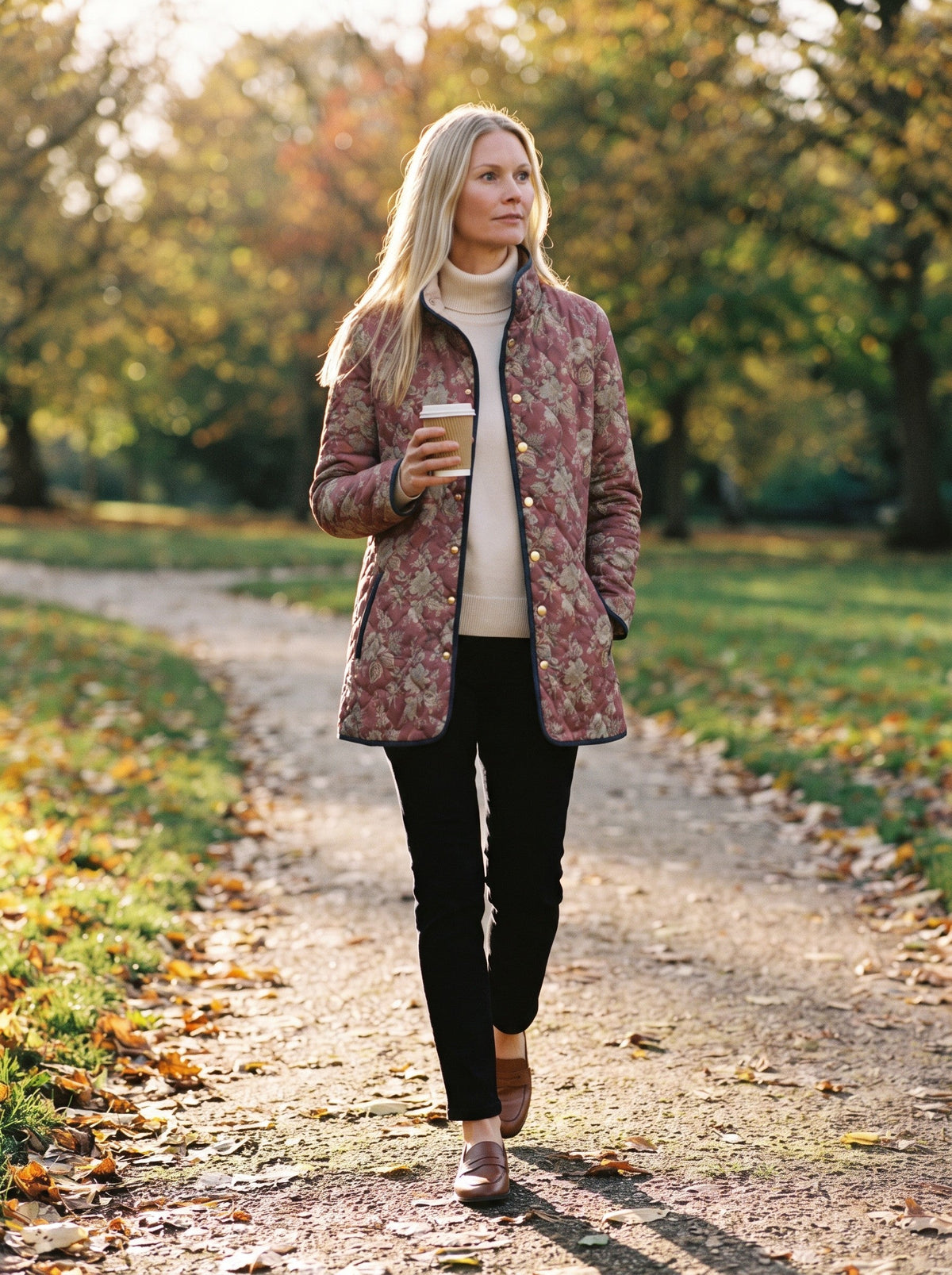 Women's Longline Quilted Jacket – Rose Retro Floral – lifestyle