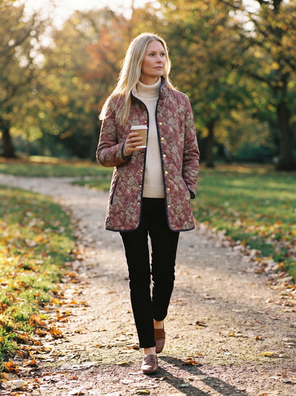 Women's Longline Quilted Jacket – Rose Retro Floral – lifestyle