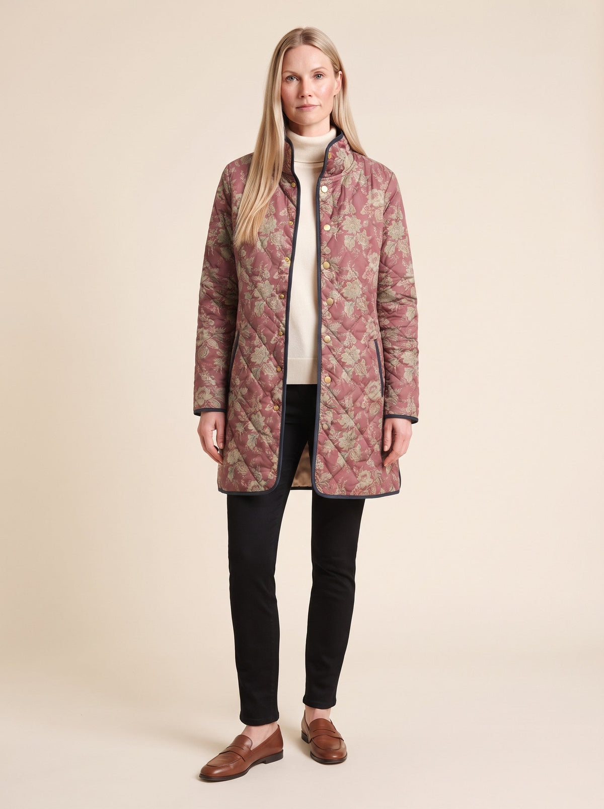 Women's Longline Quilted Jacket – Rose Retro Floral – on model