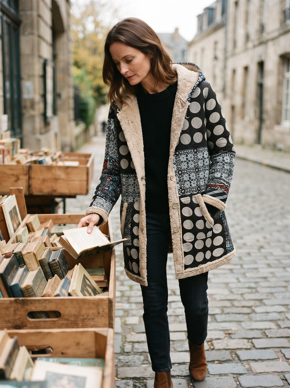 Women's Patchwork Hooded Parka – Polka Dot Patchwork – lifestyle