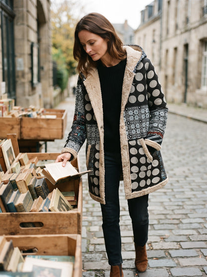 Women's Patchwork Hooded Parka – Polka Dot Patchwork – lifestyle