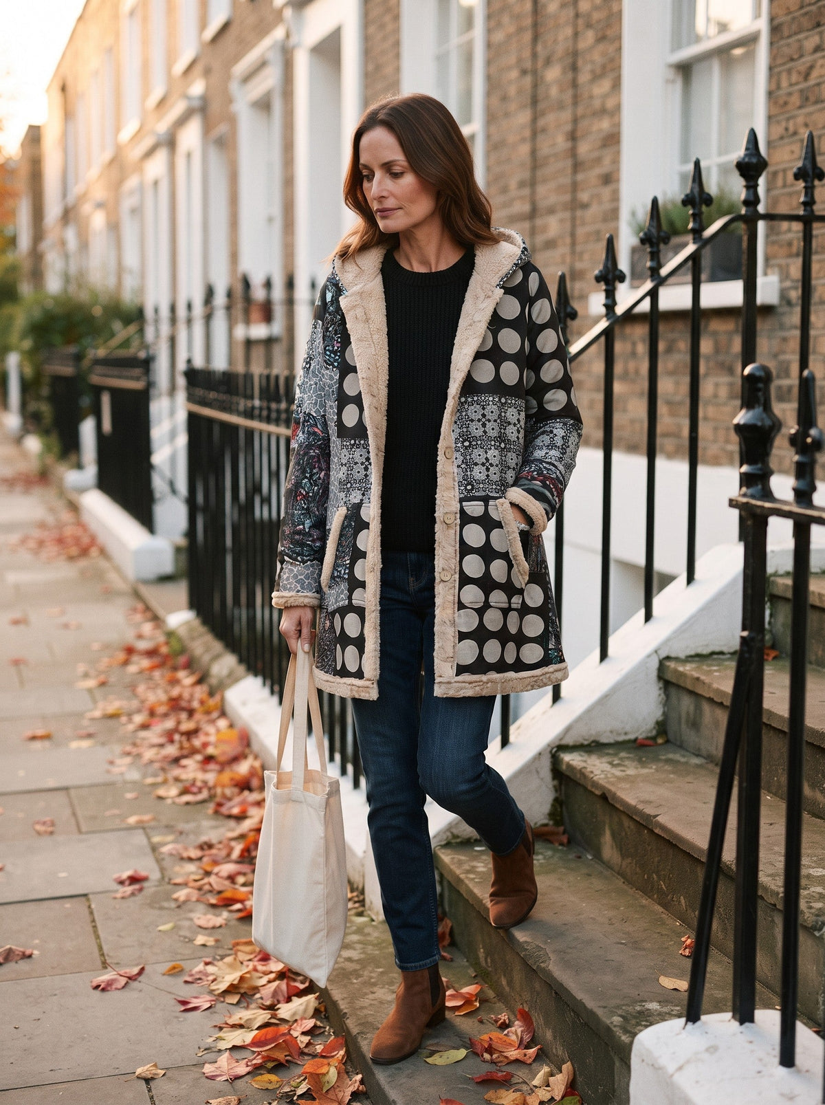 Women's Patchwork Hooded Parka – Polka Dot Patchwork – lifestyle