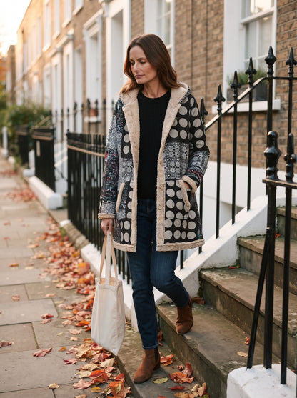 Women's Patchwork Hooded Parka – Polka Dot Patchwork – lifestyle