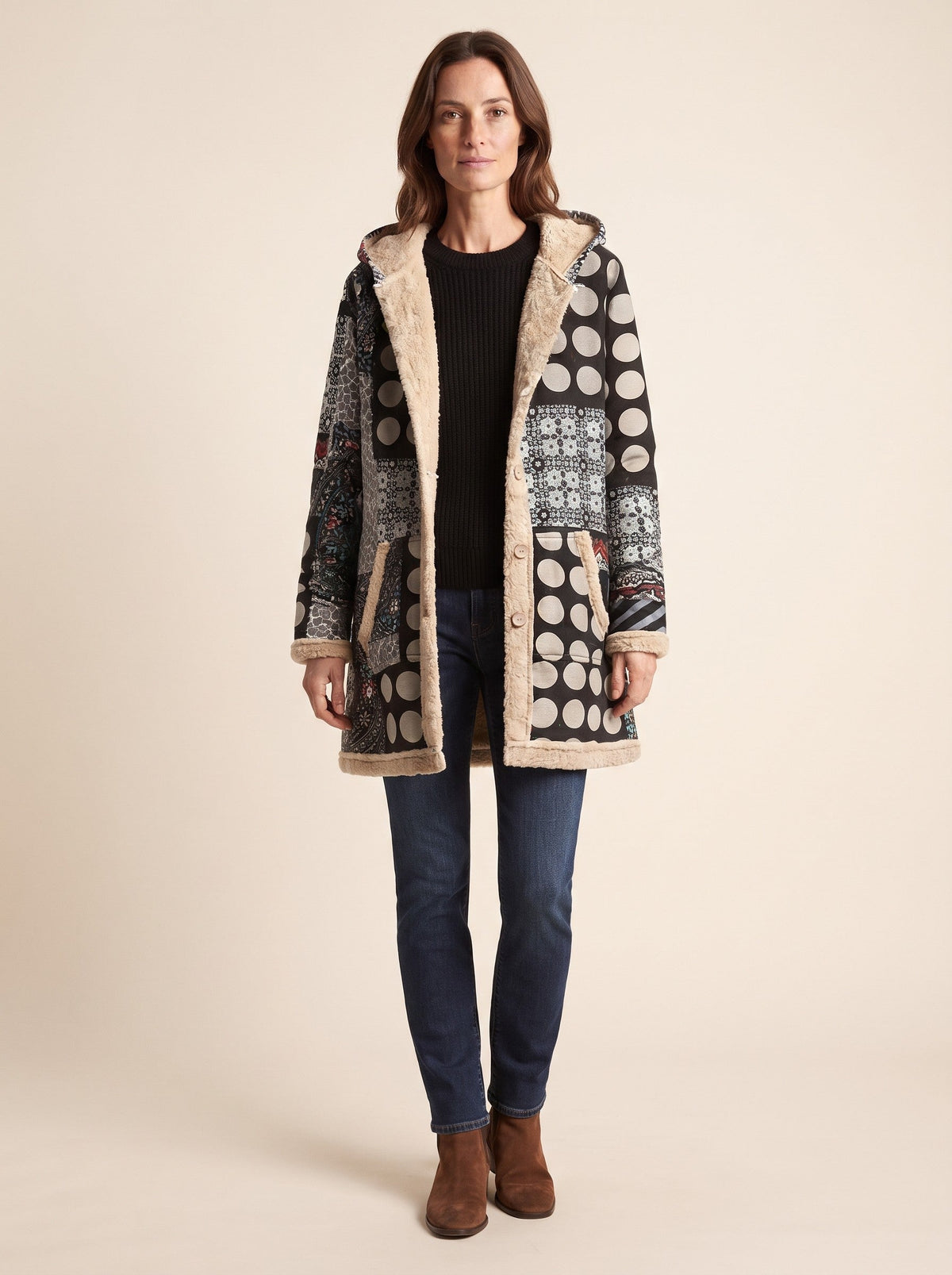 Women's Patchwork Hooded Parka – Polka Dot Patchwork – on model