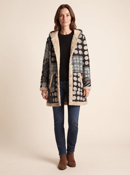 Women's Patchwork Hooded Parka – Polka Dot Patchwork – on model