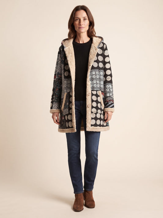 Women's Patchwork Hooded Parka – Polka Dot Patchwork – on model