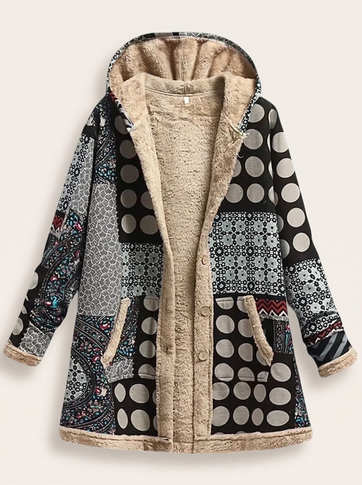Women's Patchwork Hooded Parka – Polka Dot Patchwork – packshot