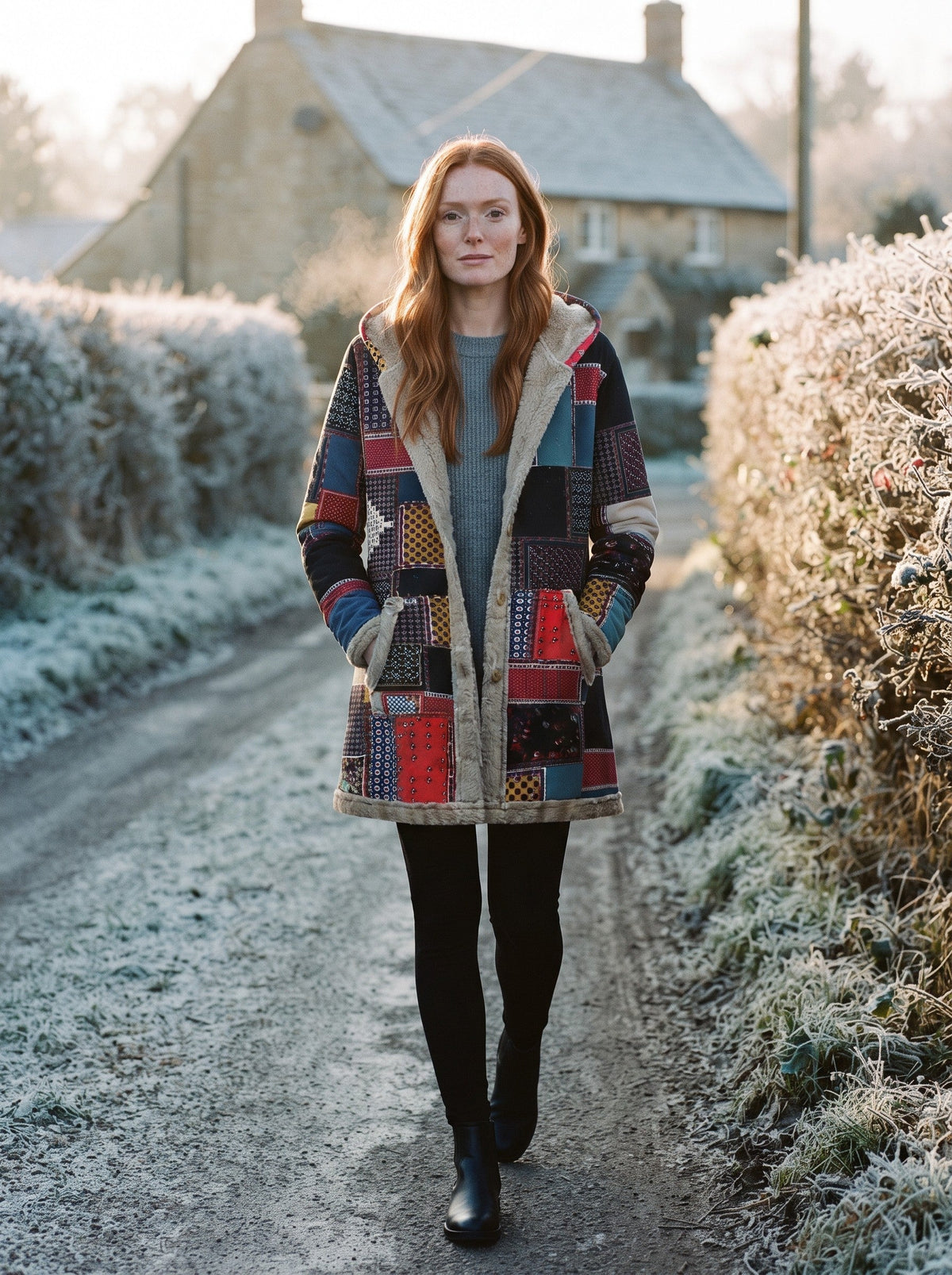 Women's Patchwork Fleece-Lined Parka – Red Patchwork – lifestyle