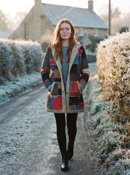 Women's Patchwork Fleece-Lined Parka – Red Patchwork – lifestyle