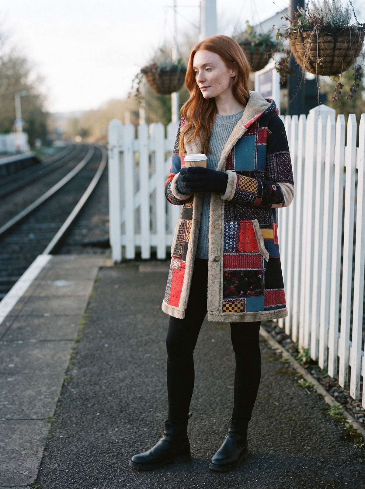 Women's Patchwork Fleece-Lined Parka – Red Patchwork – lifestyle
