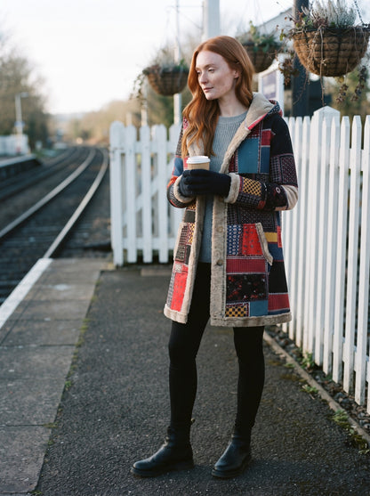 Women's Patchwork Fleece-Lined Parka – Red Patchwork – lifestyle