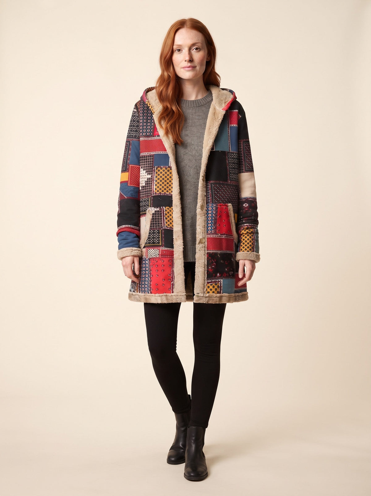 Women's Patchwork Fleece-Lined Parka – Red Patchwork – on model