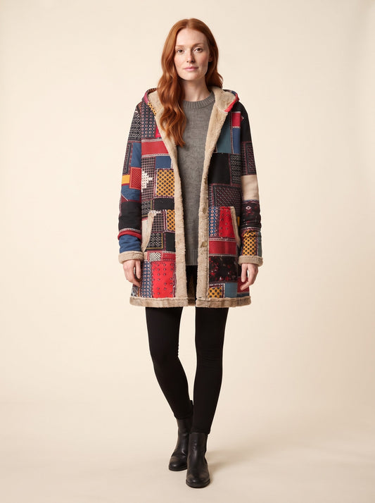 Women's Patchwork Fleece-Lined Parka – Red Patchwork – on model