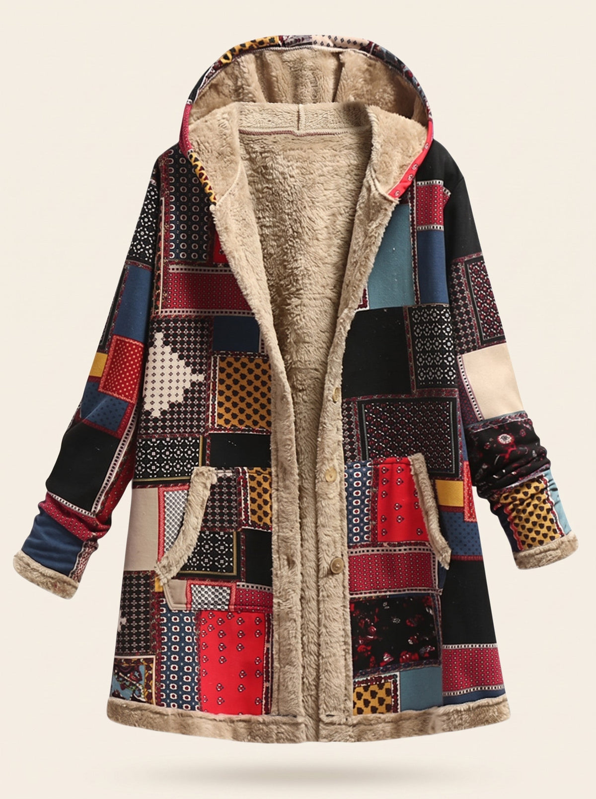 Women's Patchwork Fleece-Lined Parka – Red Patchwork – packshot