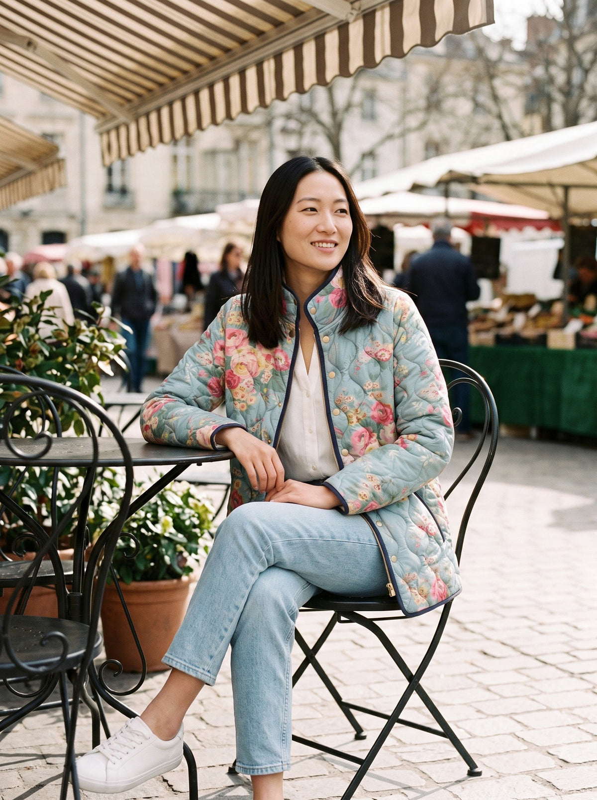 Women's Rose Print Quilted Jacket – Aqua Rose Floral – lifestyle