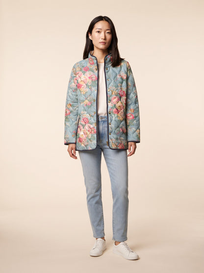Women's Rose Print Quilted Jacket – Aqua Rose Floral – on model