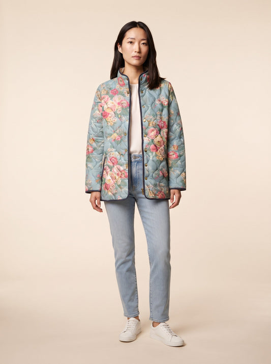 Women's Rose Print Quilted Jacket – Aqua Rose Floral – on model