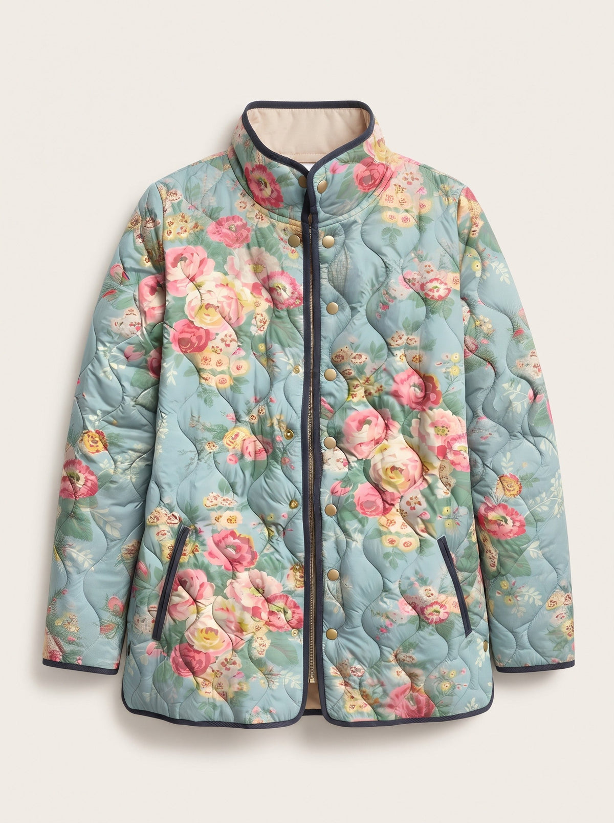 Women's Rose Print Quilted Jacket – Aqua Rose Floral – packshot