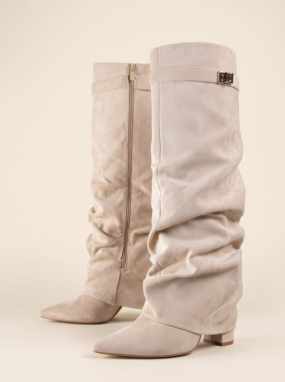 Women's Slouchy Knee High Boots – Beige – pair, 3/4 view