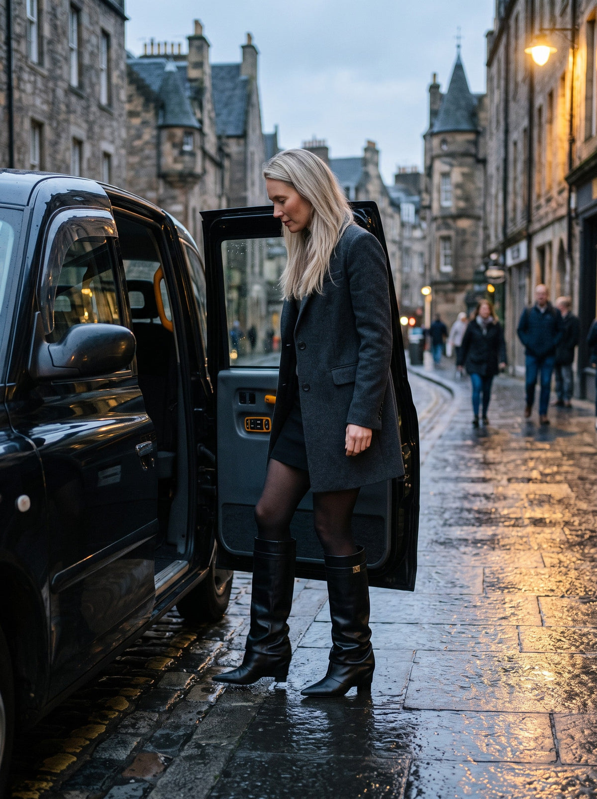 Women's Slouchy Knee High Boots – Black Skin – worn with a skirt on a wet evening street