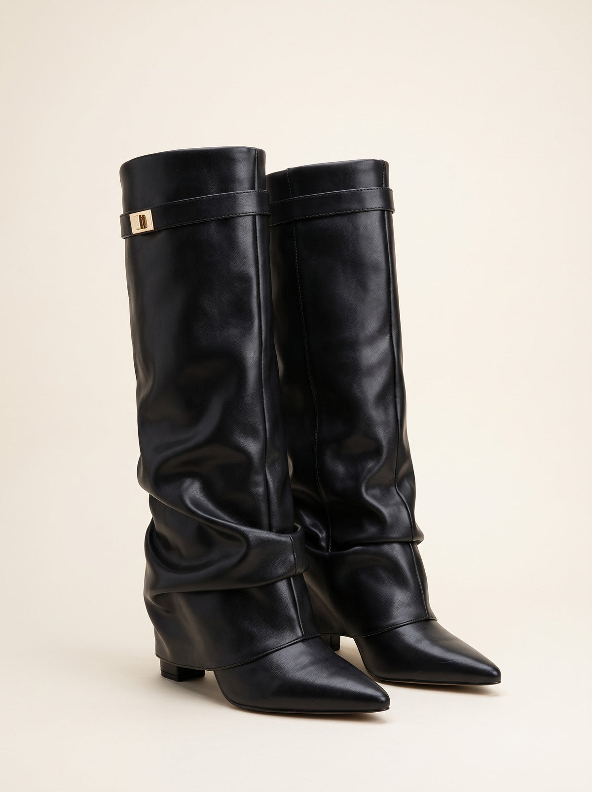 Women's Slouchy Knee High Boots – Black Skin – pair, 3/4 view