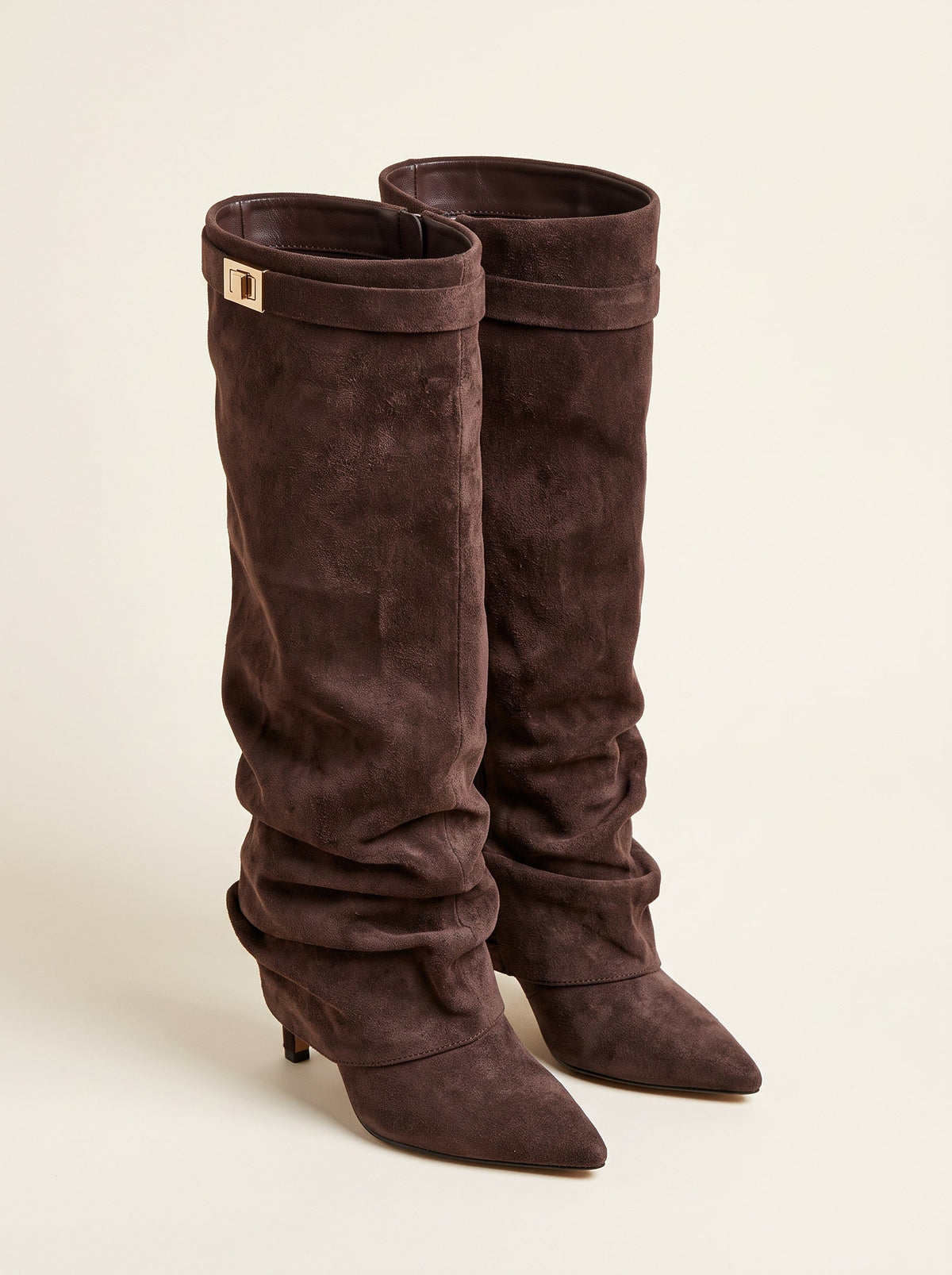 Women's Slouchy Knee High Boots – Dark Brown – pair, 3/4 view