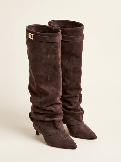 Women's Slouchy Knee High Boots – Dark Brown – pair, 3/4 view