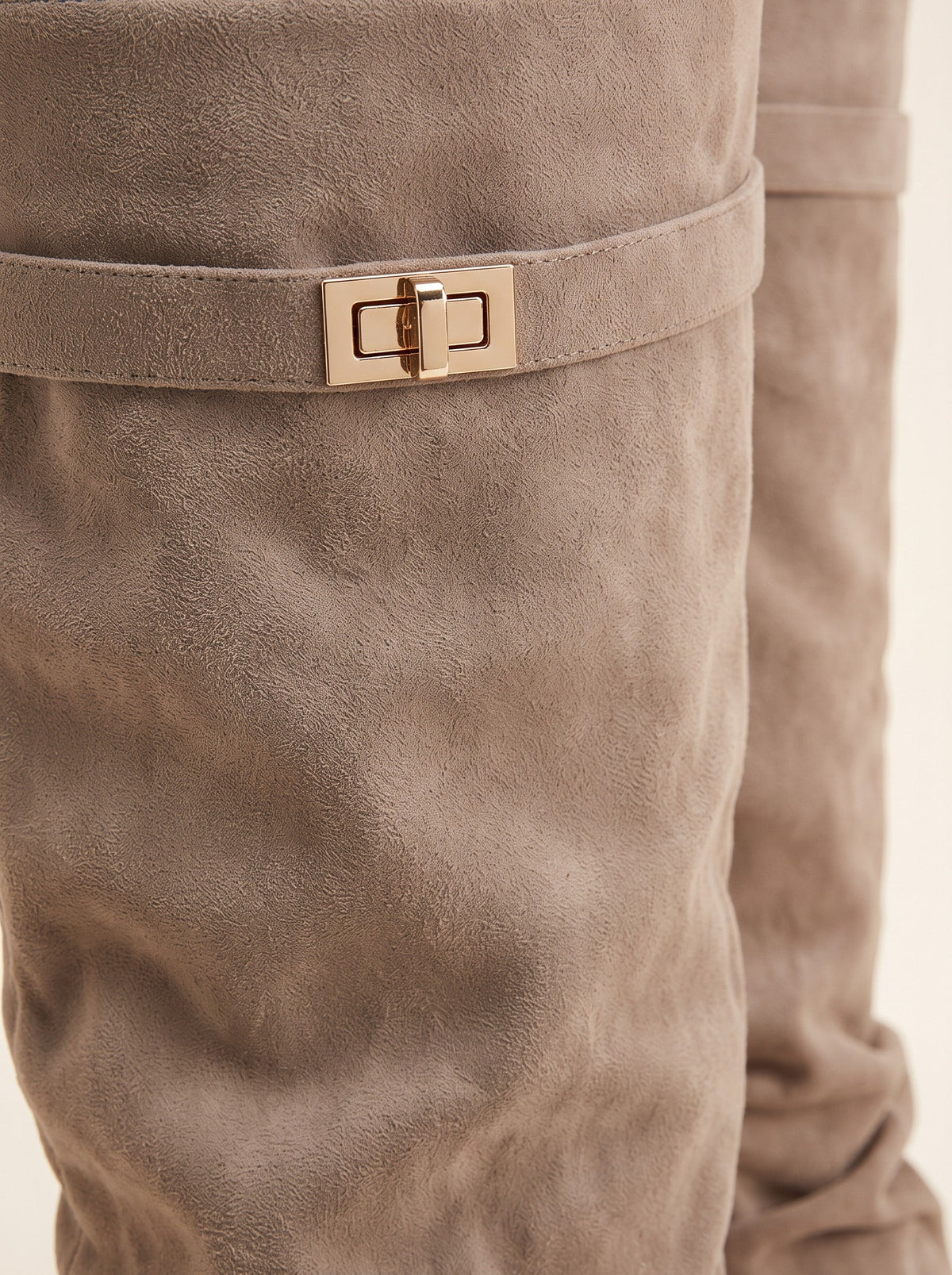 Women's Slouchy Knee High Boots – Light Brown – metallic clasp and fold-over drape close-up
