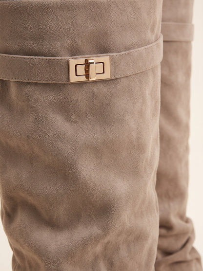Women's Slouchy Knee High Boots – Light Brown – metallic clasp and fold-over drape close-up