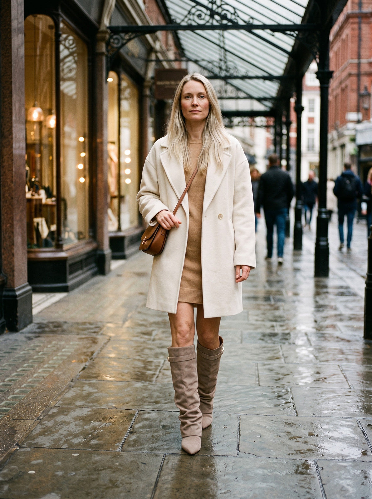 Women's Slouchy Knee High Boots – Light Brown – worn with a knit dress on a city street