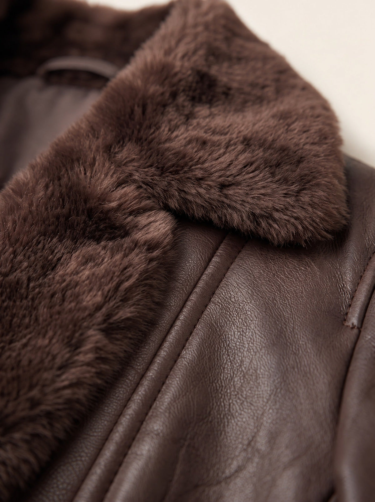 Women's Brown Leather-Look Jacket with Faux Fur Collar – Brown – faux fur collar close-up