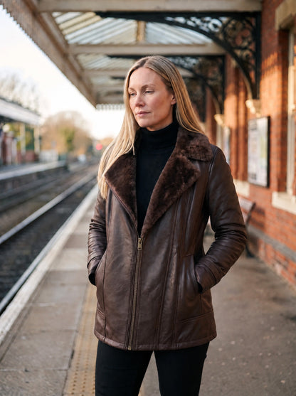 Women's Brown Leather-Look Jacket with Faux Fur Collar – Brown – worn on a station platform