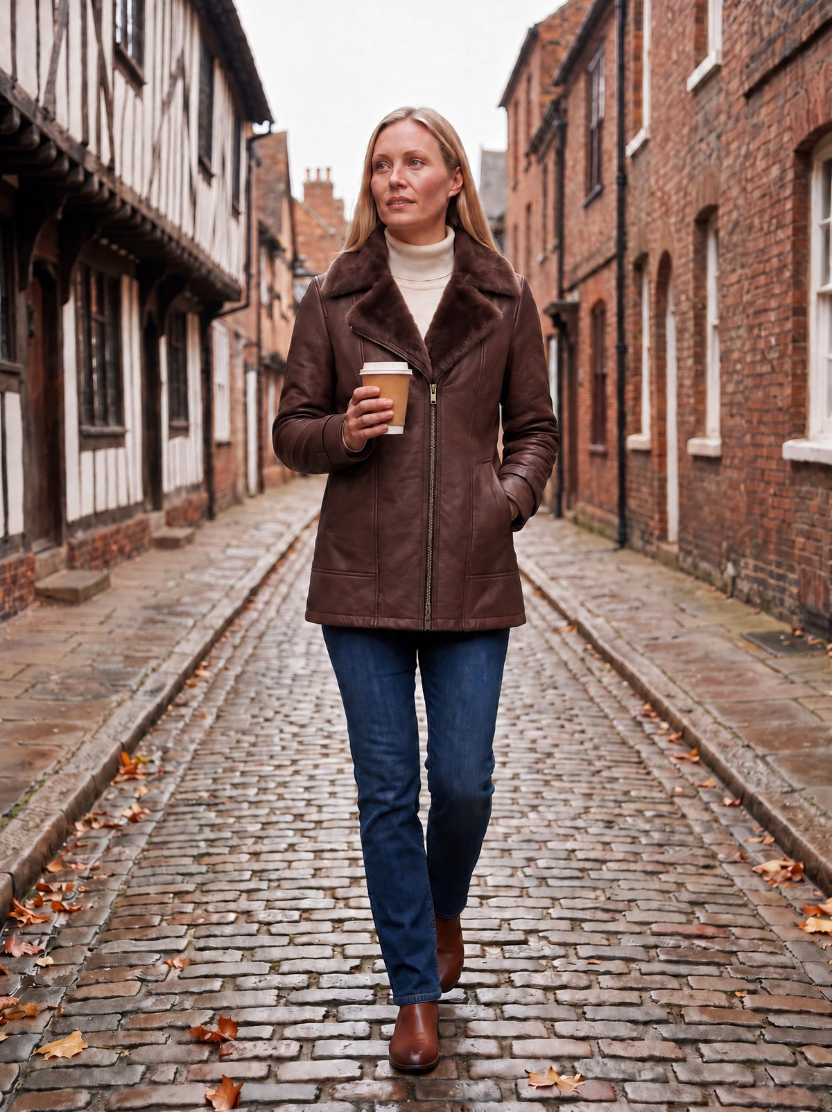 Women's Brown Leather-Look Jacket with Faux Fur Collar – Brown – worn on a cobbled street