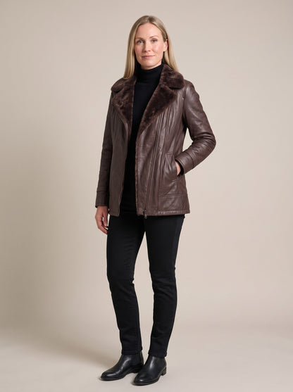 Women's Brown Leather-Look Jacket with Faux Fur Collar – Brown – on model