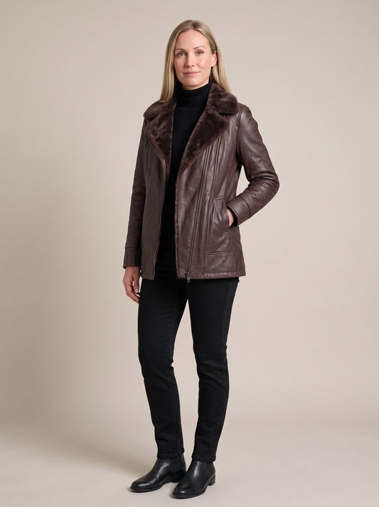 Women's Brown Leather-Look Jacket with Faux Fur Collar – Brown – on model