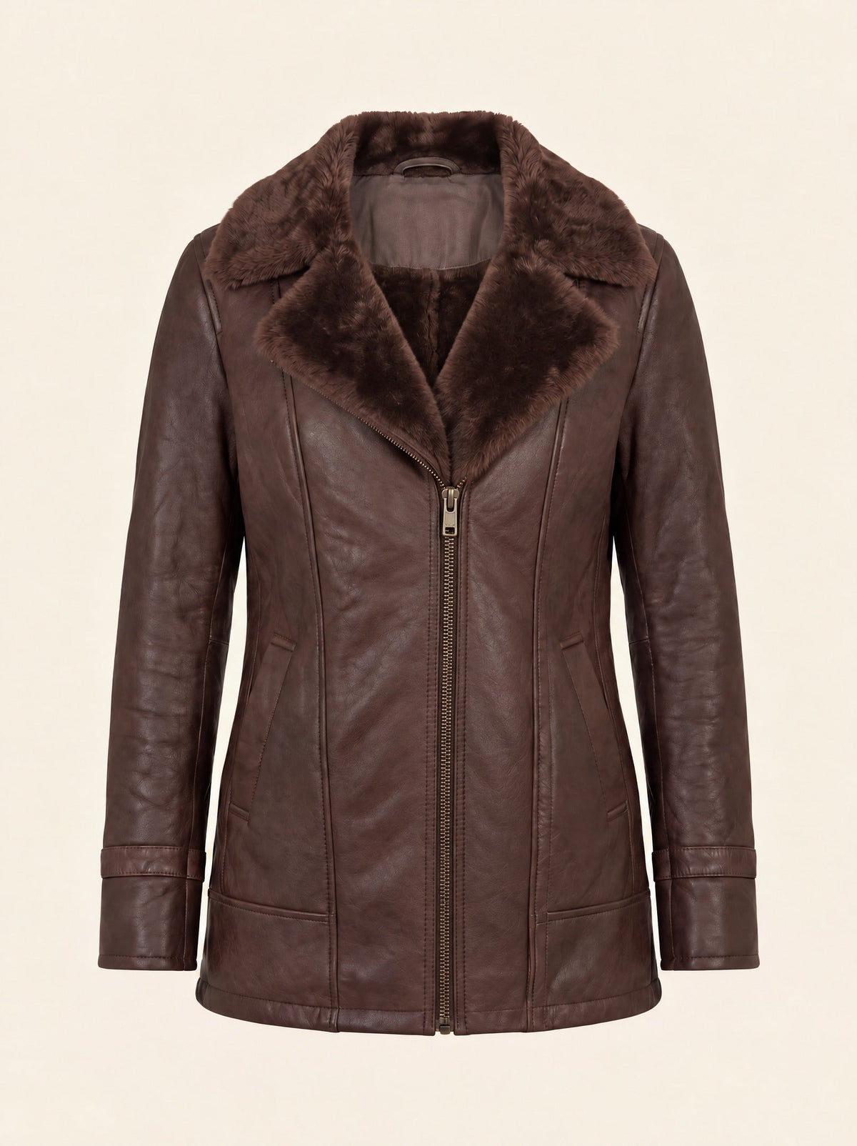 Women's Brown Leather-Look Jacket with Faux Fur Collar – Brown – front packshot