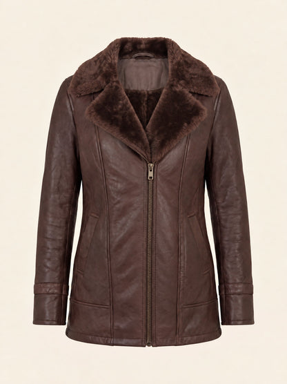 Women's Brown Leather-Look Jacket with Faux Fur Collar – Brown – front packshot