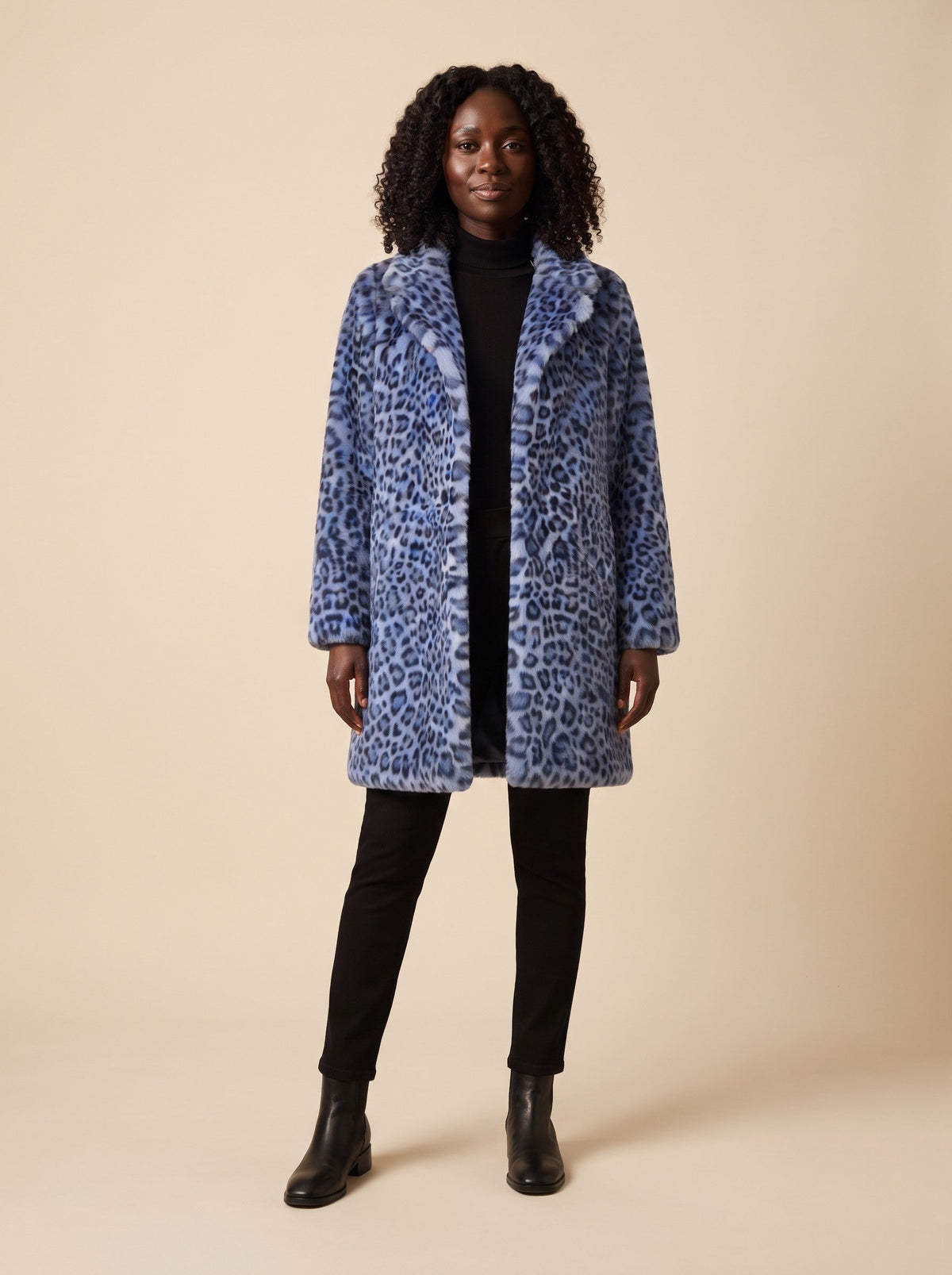 Women's Leopard Print Faux Fur Coat – Blue – on model