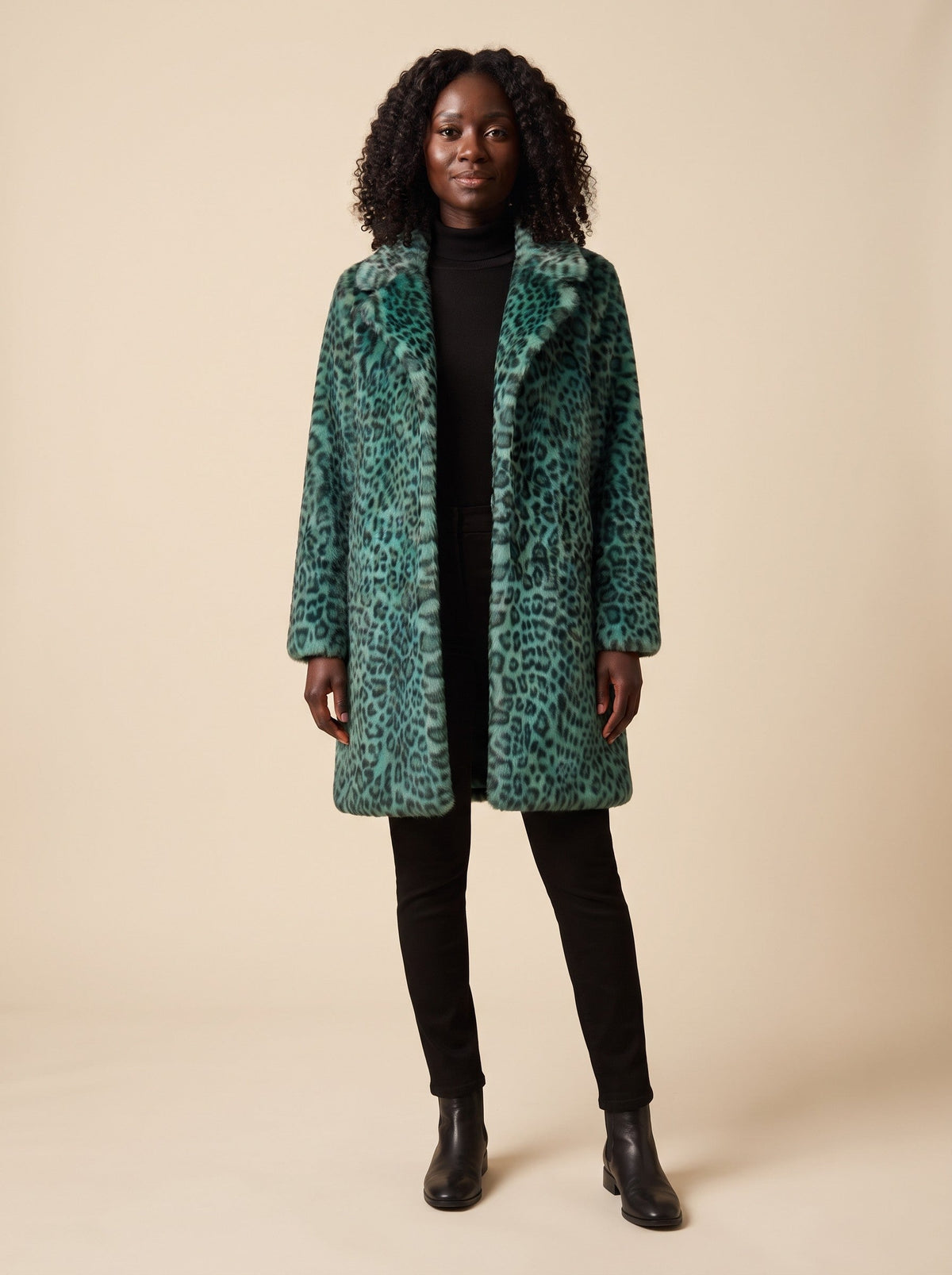 Women's Leopard Print Faux Fur Coat – Green – on model