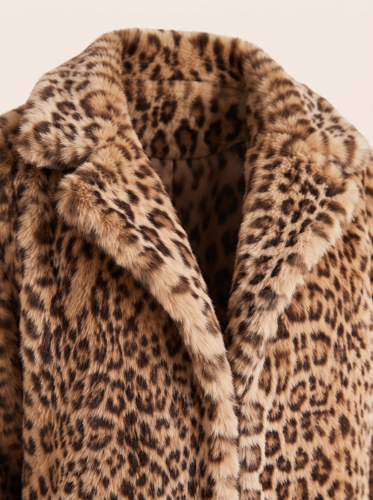 Women's Leopard Print Faux Fur Coat – Khaki – faux fur lapel collar detail