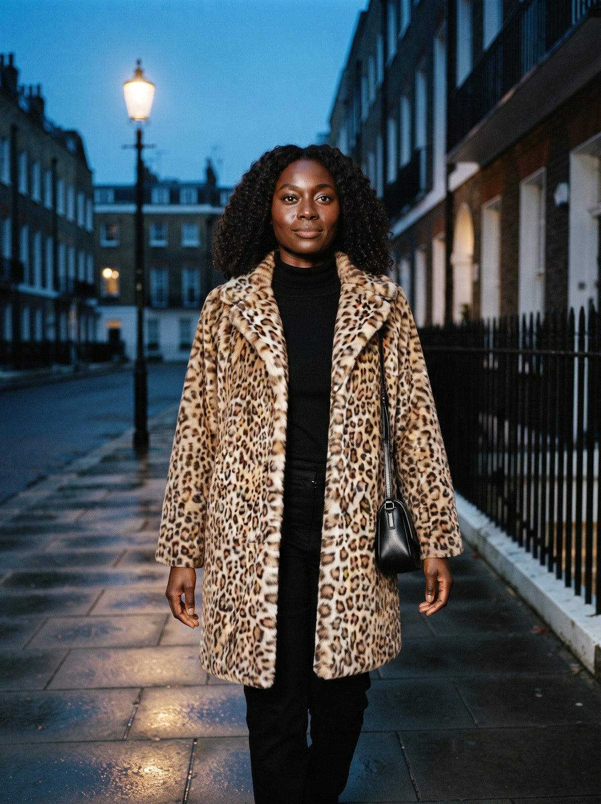 Women's Leopard Print Faux Fur Coat – Khaki – lifestyle street